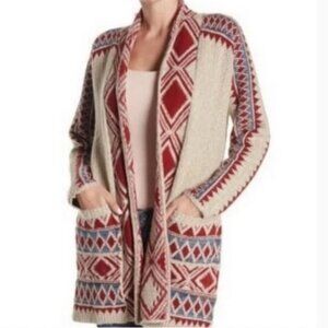 Lucky Brand Size L Beige Red Blue Aztec Tribal Knit Hooded Open Cardigan Sweater